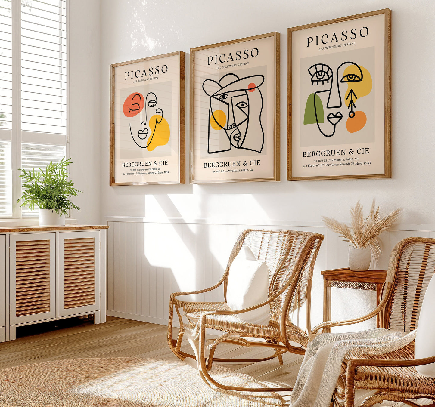 Picasso Wall Art Set, Modern Abstract Line Art Prints, Set of Three Posters, Berggruen & Cie Exhibition 1953, Minimalist Picasso Face Art