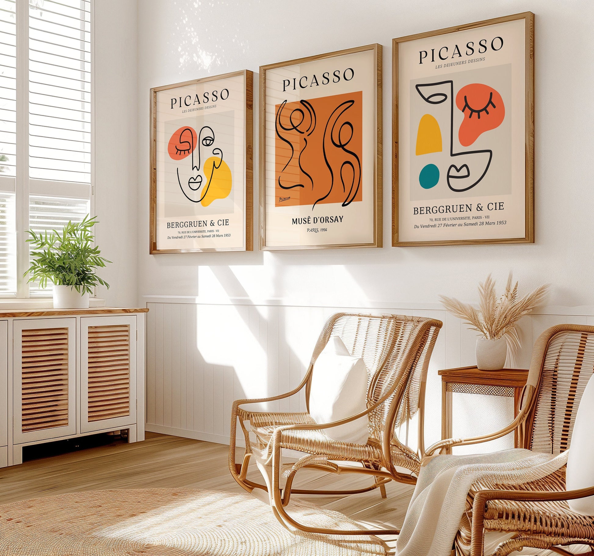 A set of three Picasso-inspired posters featuring abstract line drawings of faces and figures, including a striking orange poster, displayed in minimalist wooden frames.