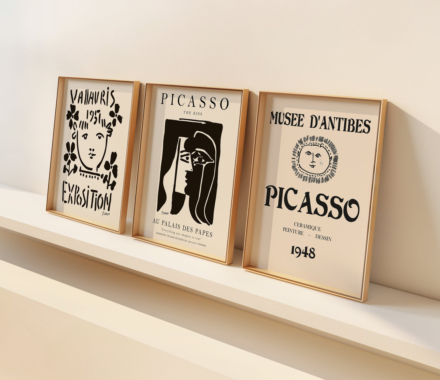 Picasso Black and White Art Set of Three, Minimalist Exhibition Posters, Musée D’Antibes 1948, Vallauris 1957, The Kiss Art, Picasso Prints