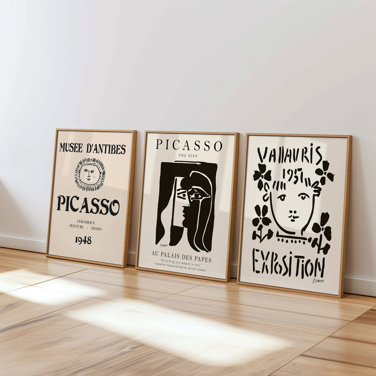 A set of three black and white Picasso-inspired art posters, featuring iconic exhibition designs from Musée D’Antibes 1948, Vallauris 1957, and The Kiss. Perfect for minimalist and modern decor.