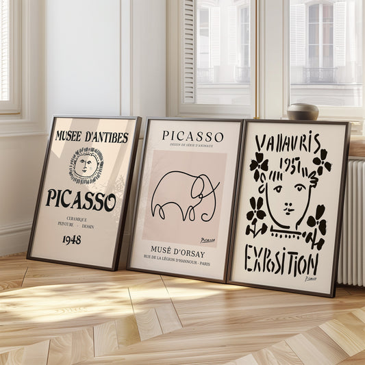 A set of three black and white Picasso-inspired art posters, featuring minimalist designs from Vallauris 1957, Musée D’Orsay Elephant, and Musée D’Antibes 1948. Perfect for modern decor.