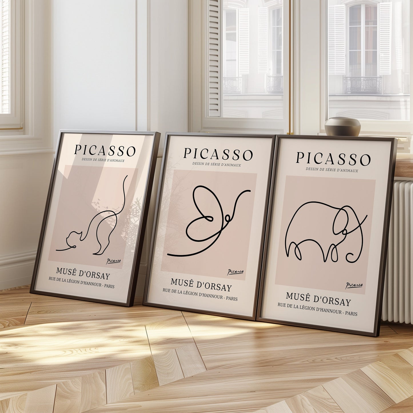 A set of three black and white Picasso-inspired art posters, featuring minimalist designs from Vallauris 1957, Musée D’Orsay Elephant, and Musée D’Antibes 1948. Perfect for modern decor.