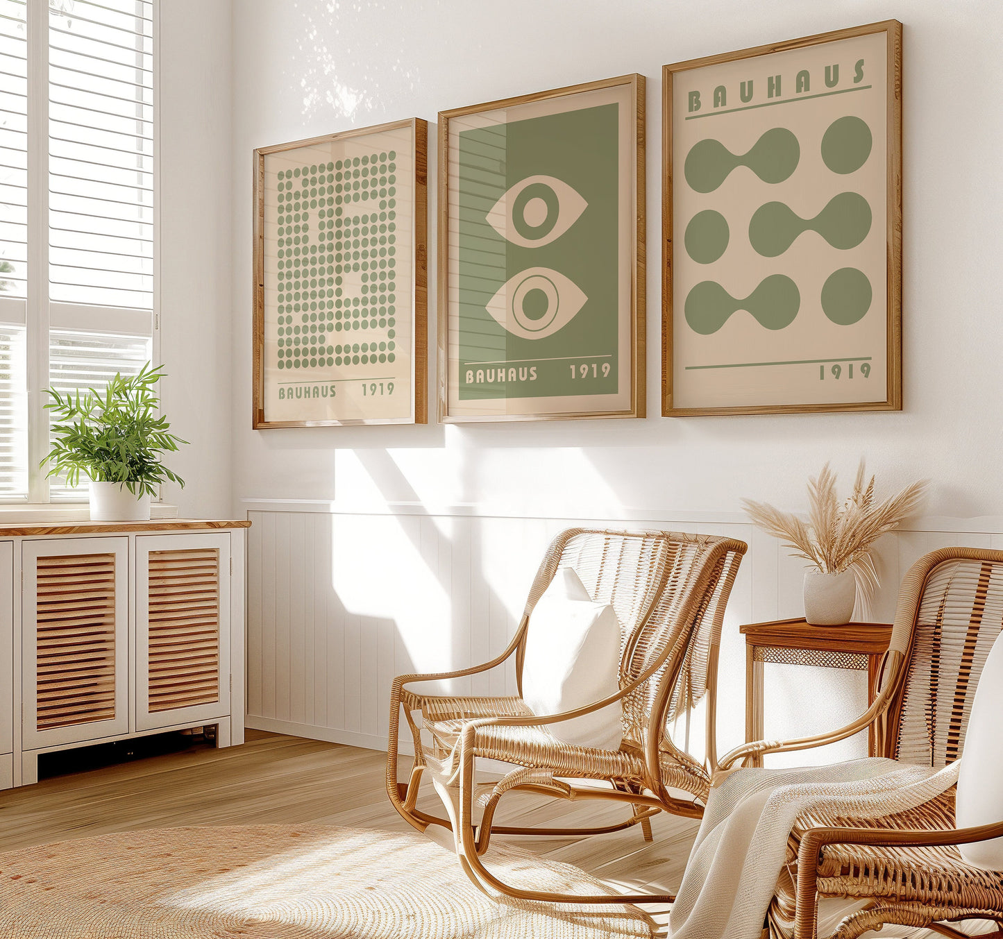 A set of three Bauhaus style posters in green and beige, featuring abstract geometric designs including circles, lines, and patterns. Ideal for modern and minimalist home decor.