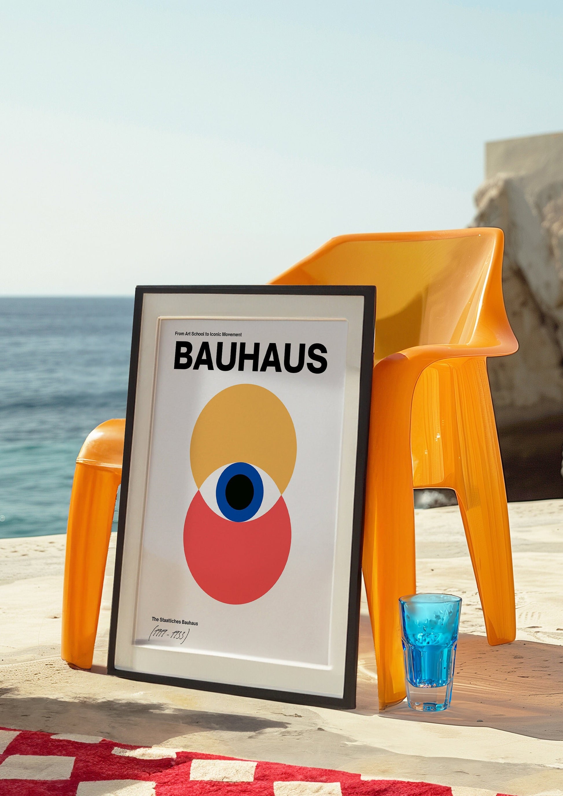 A minimalist Bauhaus poster featuring red and yellow overlapping circles with a bold black &quot;Bauhaus&quot; text at the top, symbolizing the iconic Bauhaus movement, set against a coastal background.