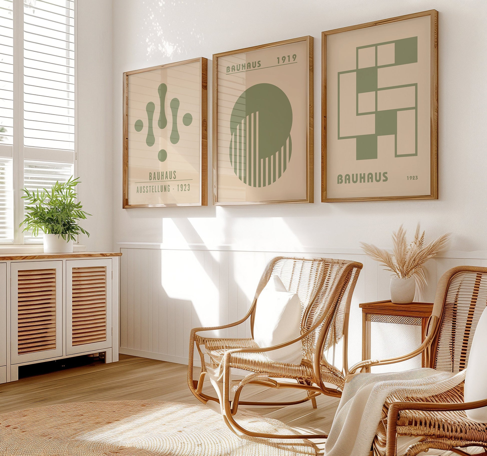 A trio of Bauhaus-inspired posters in minimalist geometric designs with green and beige tones, each framed in light wood, displayed on a wooden floor against a white wall.