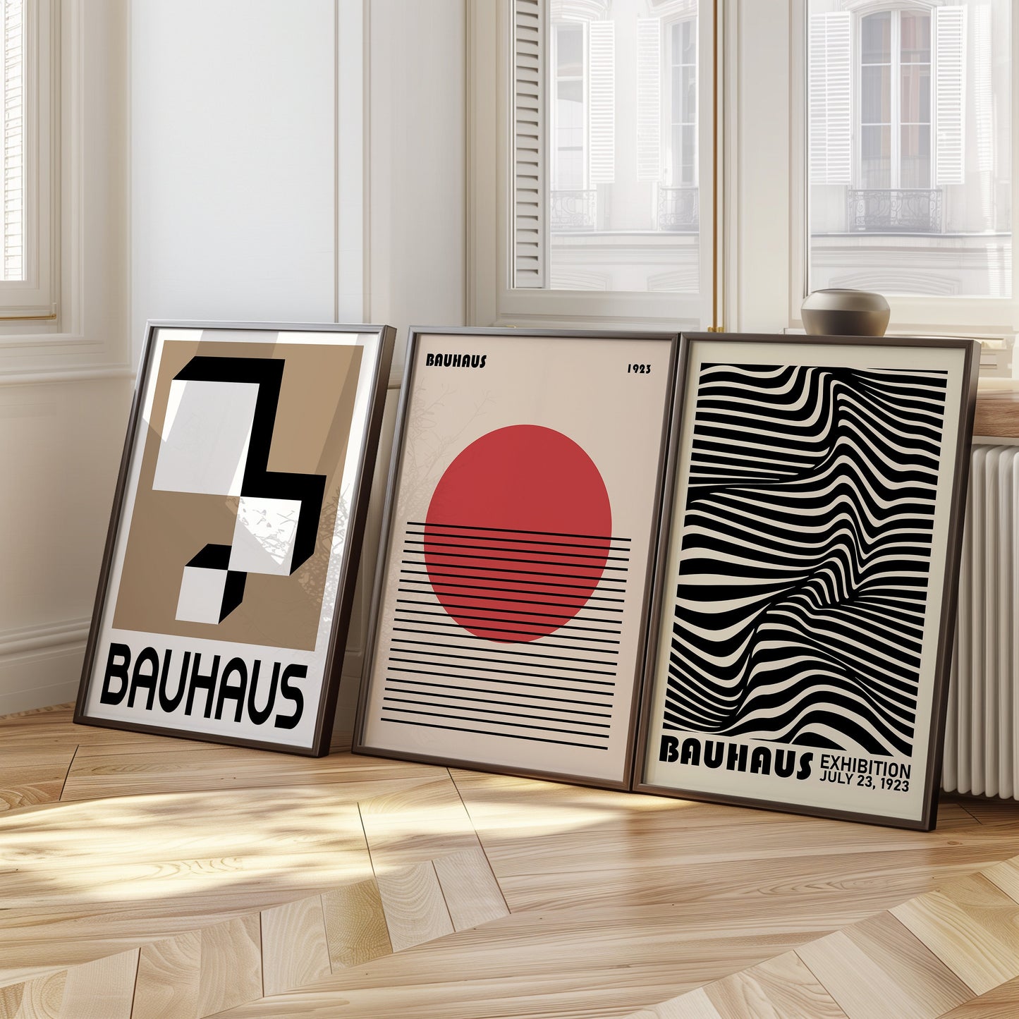 Bauhaus Exhibition Wall Art Set, Mid-Century Modern Geometric Prints, Black and Beige Bauhaus Posters, 3 Set of Poster, Bauhaus Collection