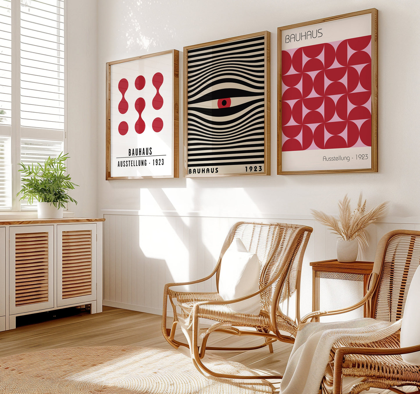 Bauhaus Poster Set of 3, Red and Black Geometric Art Prints, Minimalist Bauhaus Exhibition Posters, 1923 Bauhaus Collection, Mid-Century Art