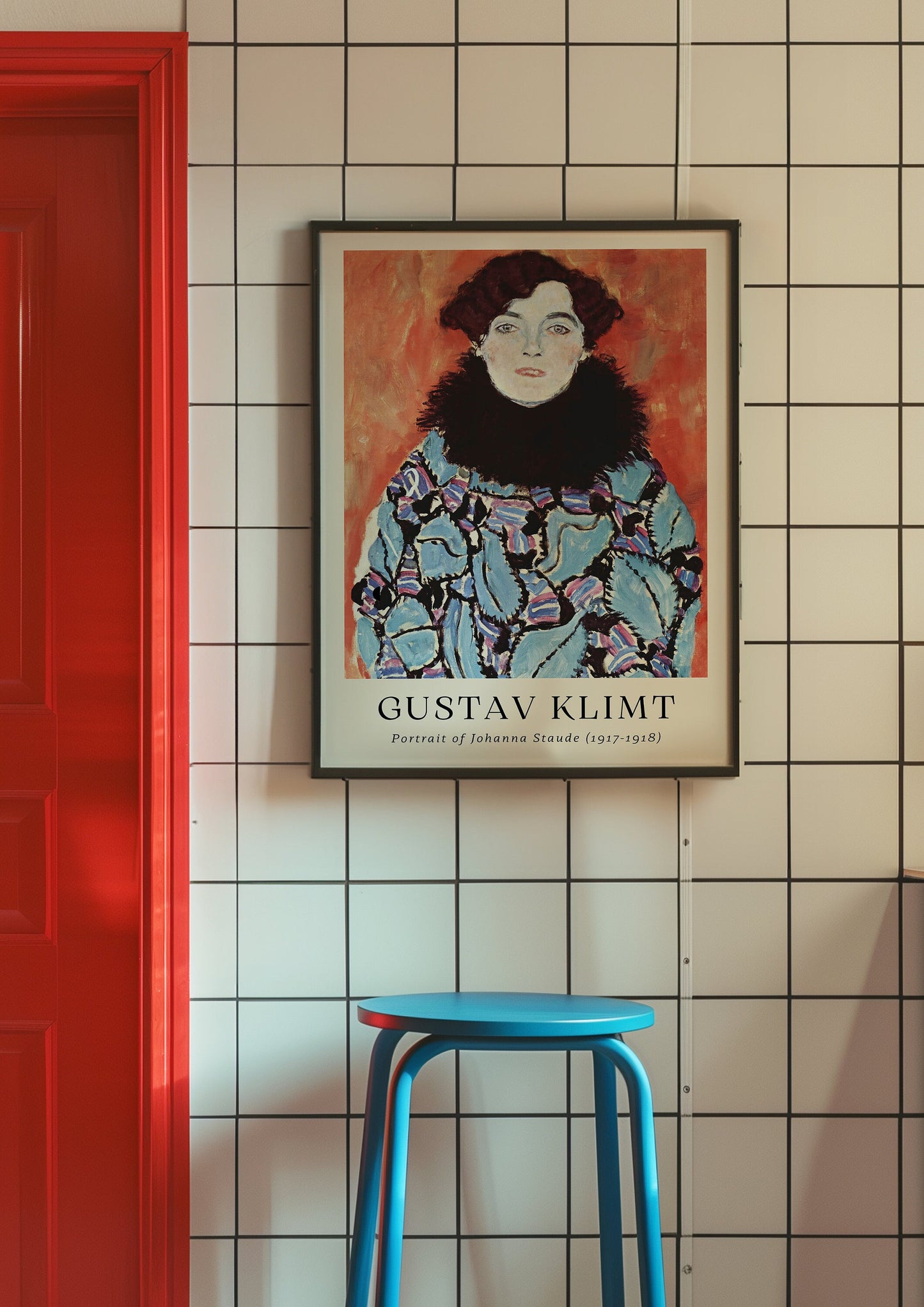 A Gustav Klimt poster featuring the iconic artwork &quot;Portrait of Johanna Staude&quot; with vibrant hues and intricate patterns, a representation of Klimt&#39;s signature style in the early 20th century.