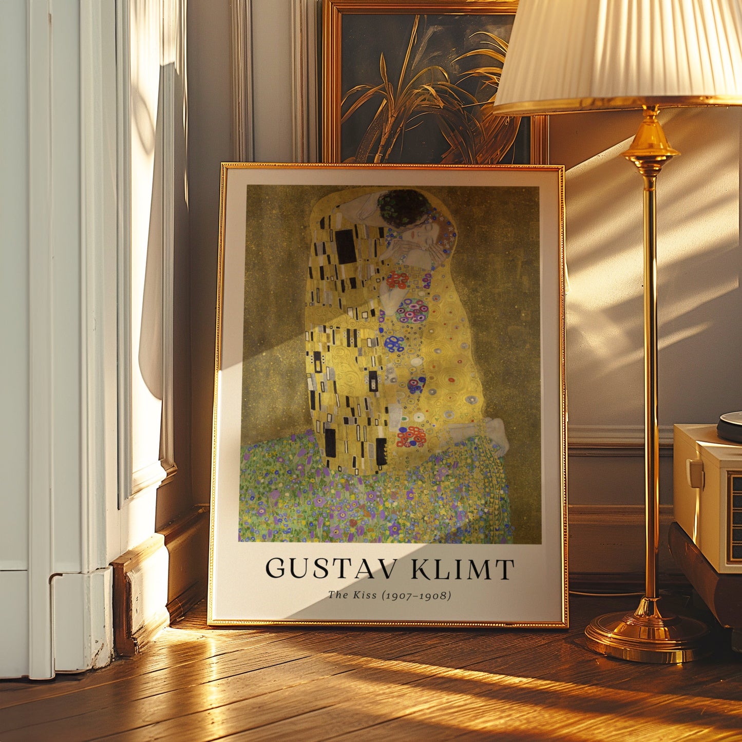 A Gustav Klimt poster featuring &quot;The Kiss,&quot; depicting two lovers embracing in a luxurious golden setting, symbolic of Art Nouveau and Klimt&#39;s signature style.