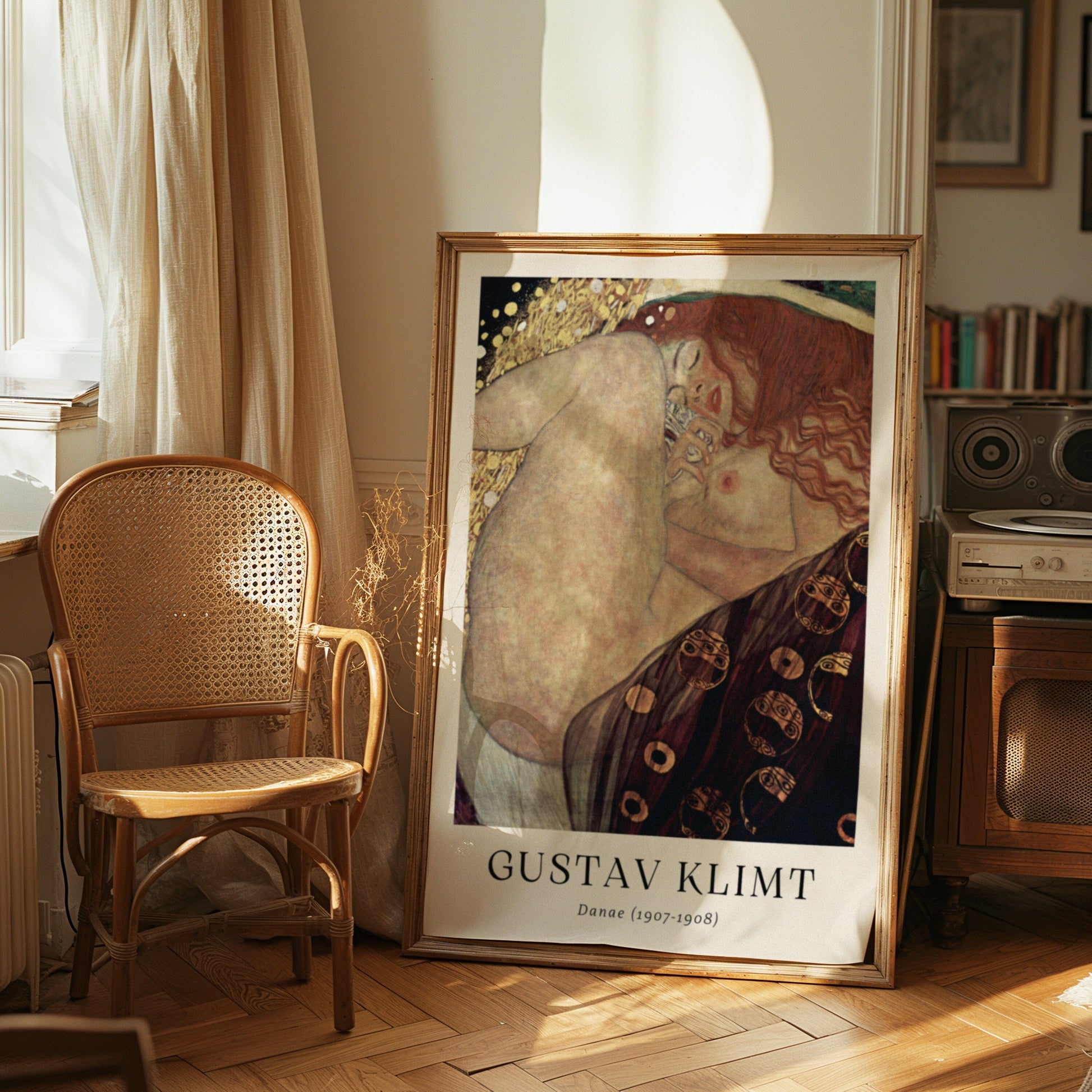 A Gustav Klimt poster featuring &quot;Danaë,&quot; showcasing the sensual form of Danaë in a dreamlike state, adorned with Klimt’s signature gold accents.