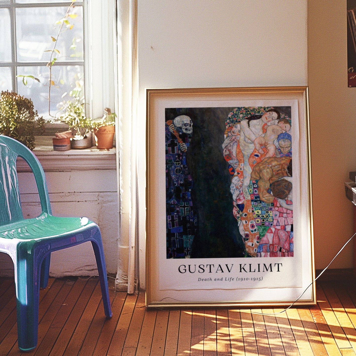 A Gustav Klimt poster featuring &quot;Death and Life,&quot; contrasting a dark skeletal figure with vibrant, colorful figures representing life in Klimt’s symbolic style.