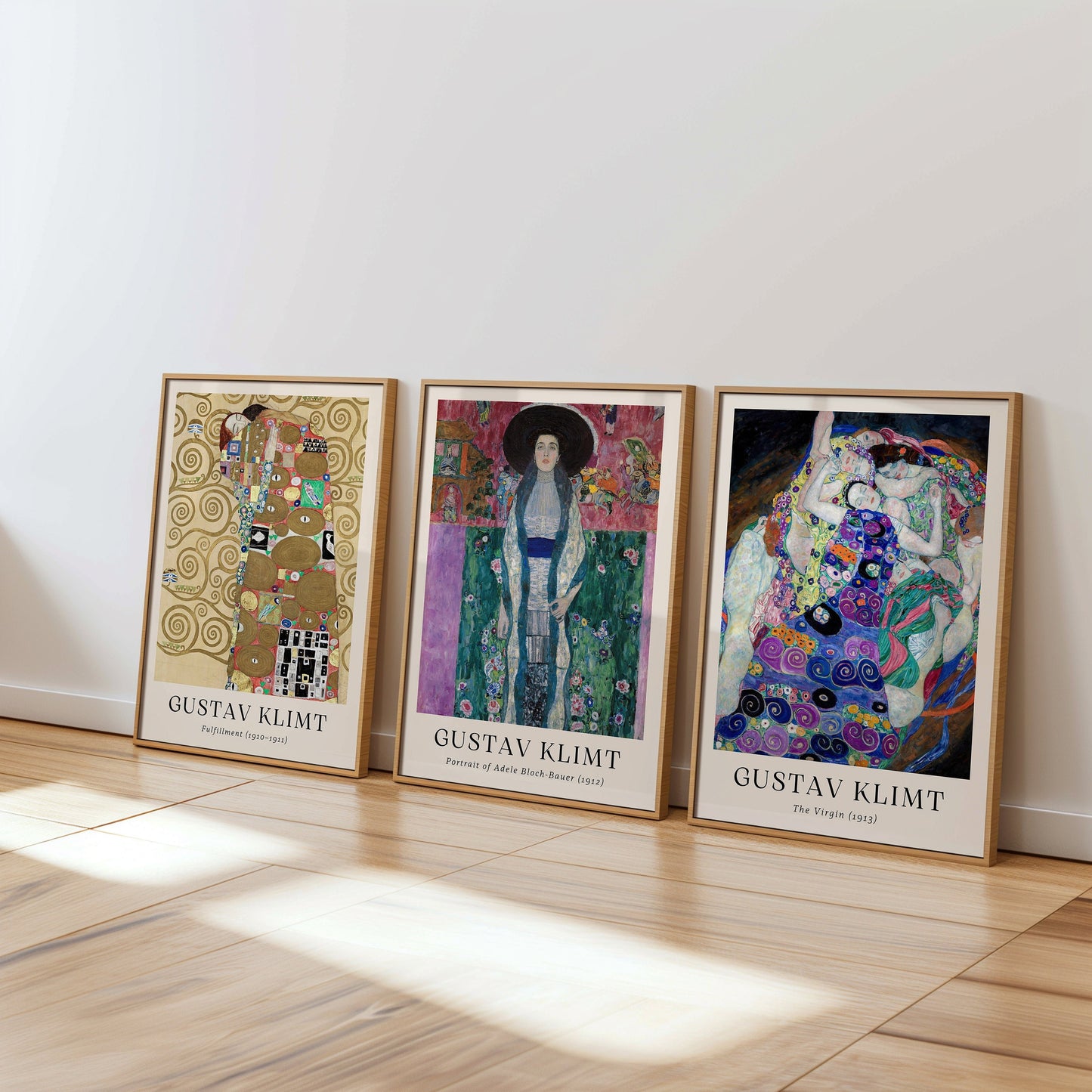 A set of three Gustav Klimt posters featuring Fulfillment, Portrait of Adele Bloch-Bauer, and The Virgin, perfect for Art Nouveau lovers.