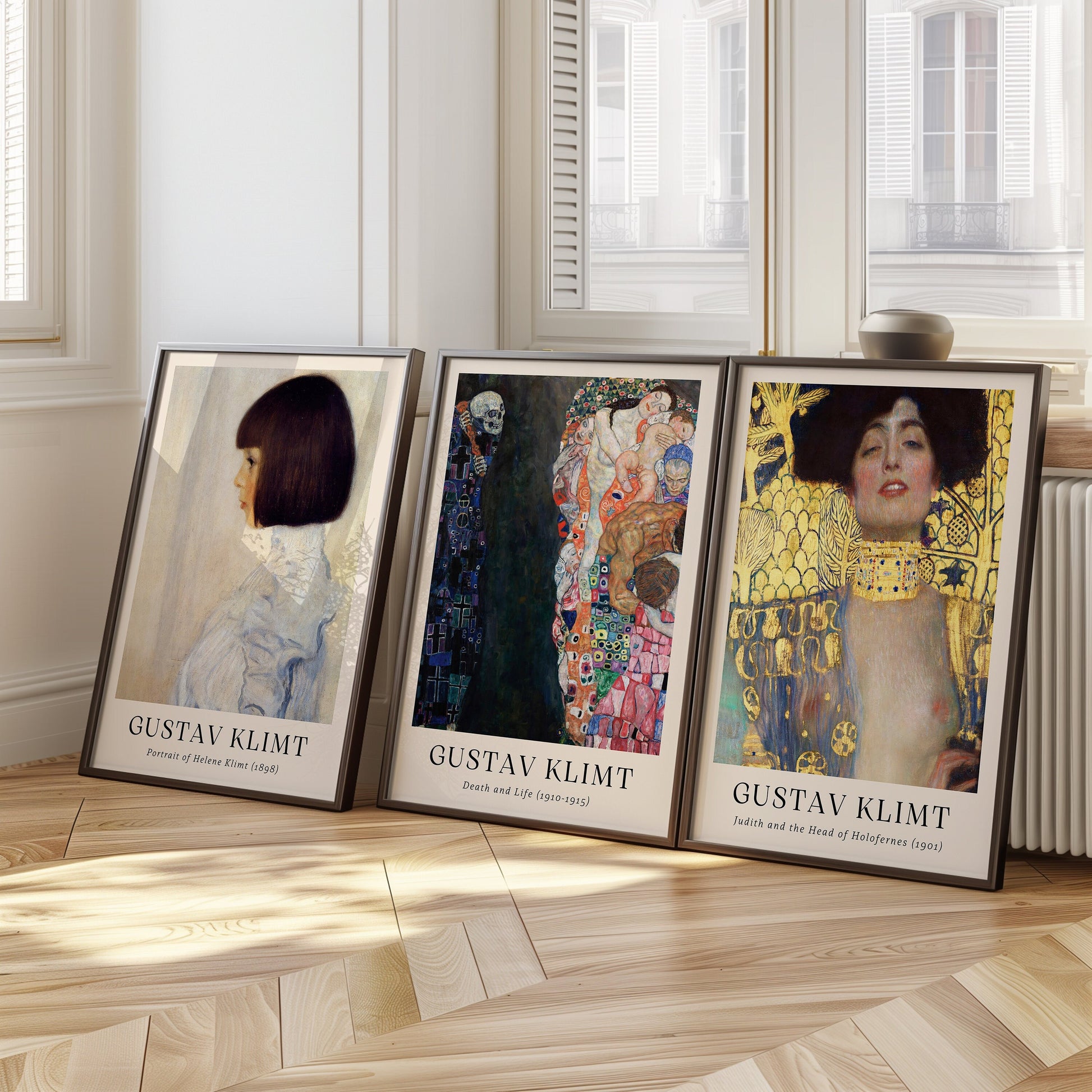 A set of three Gustav Klimt posters featuring Portrait of Helene Klimt 1898, Death and Life 1910-1915, and Judith and the Head of Holofernes 1901, an ideal collection for Art Nouveau lovers.