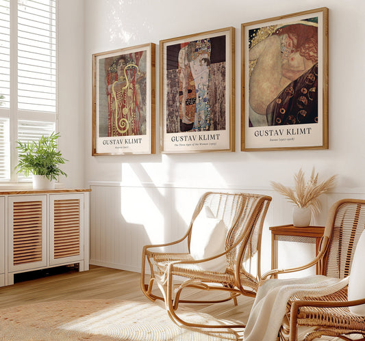 A set of three Gustav Klimt posters featuring Hygeia 1907, The Three Ages of the Woman 1905, and Danaë 1907-1908, perfect for classical art lovers and elegant home decor.