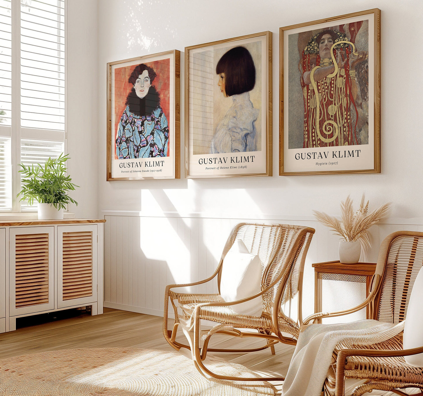 A set of three Gustav Klimt portraits featuring Johanna Staude (1917-1918), Helene Klimt (1898), and Hygeia (1907), perfect for elegant home or office decor.