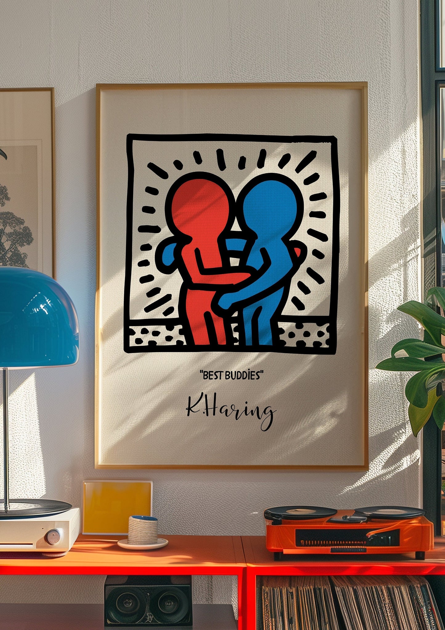 A vibrant Keith Haring &quot;Best Buddies&quot; poster featuring two figures in red and blue with signature bold lines, perfect for lovers of modern pop art.