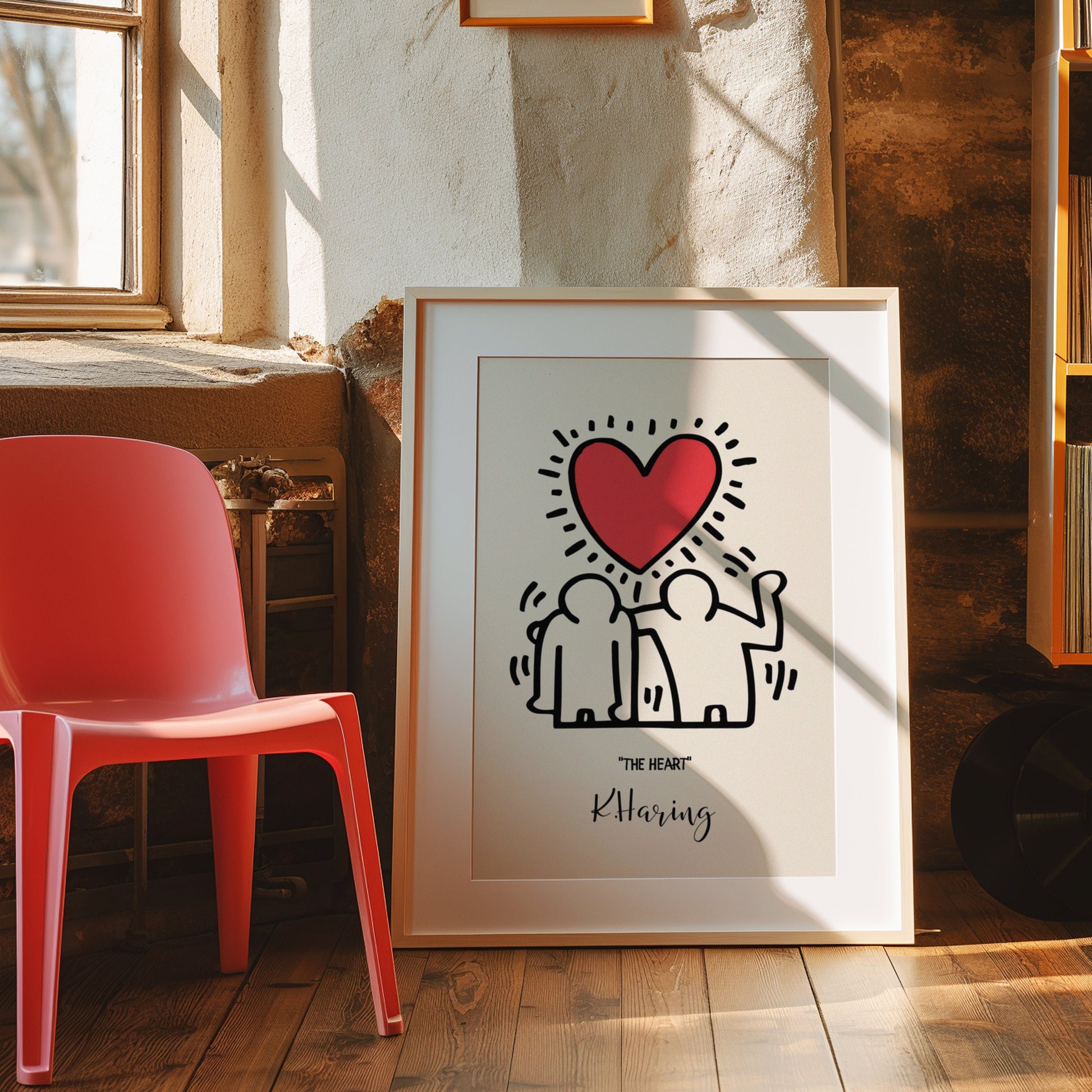 A Keith Haring &quot;The Heart&quot; poster featuring two figures standing beneath a bold red heart, embodying love and unity in signature pop art style.