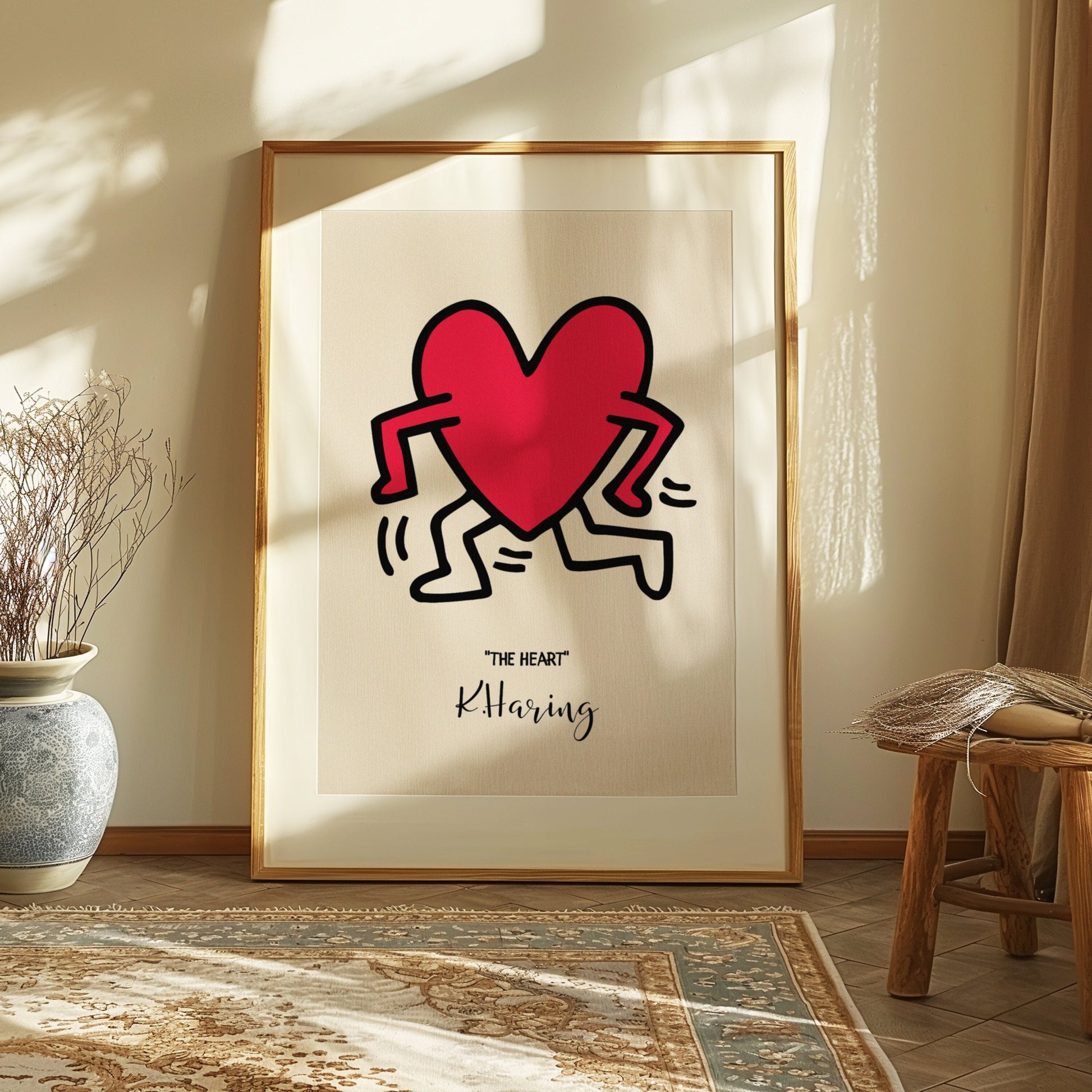 Keith Haring &quot;The Heart&quot; artwork showcasing a bold red heart with legs running, designed in Haring&#39;s distinctive pop art style, set against a clean tiled background.