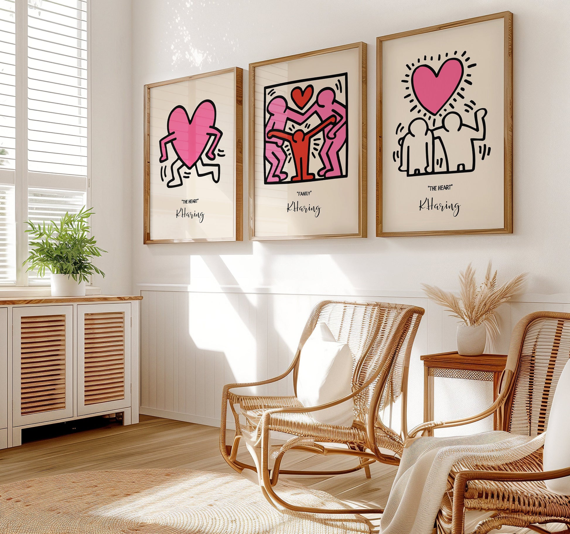 A set of three Keith Haring posters: &quot;The Heart,&quot; &quot;Family,&quot; and &quot;The Heart&quot; with vibrant pink and red colors, displayed in a minimalistic modern room with wooden flooring.