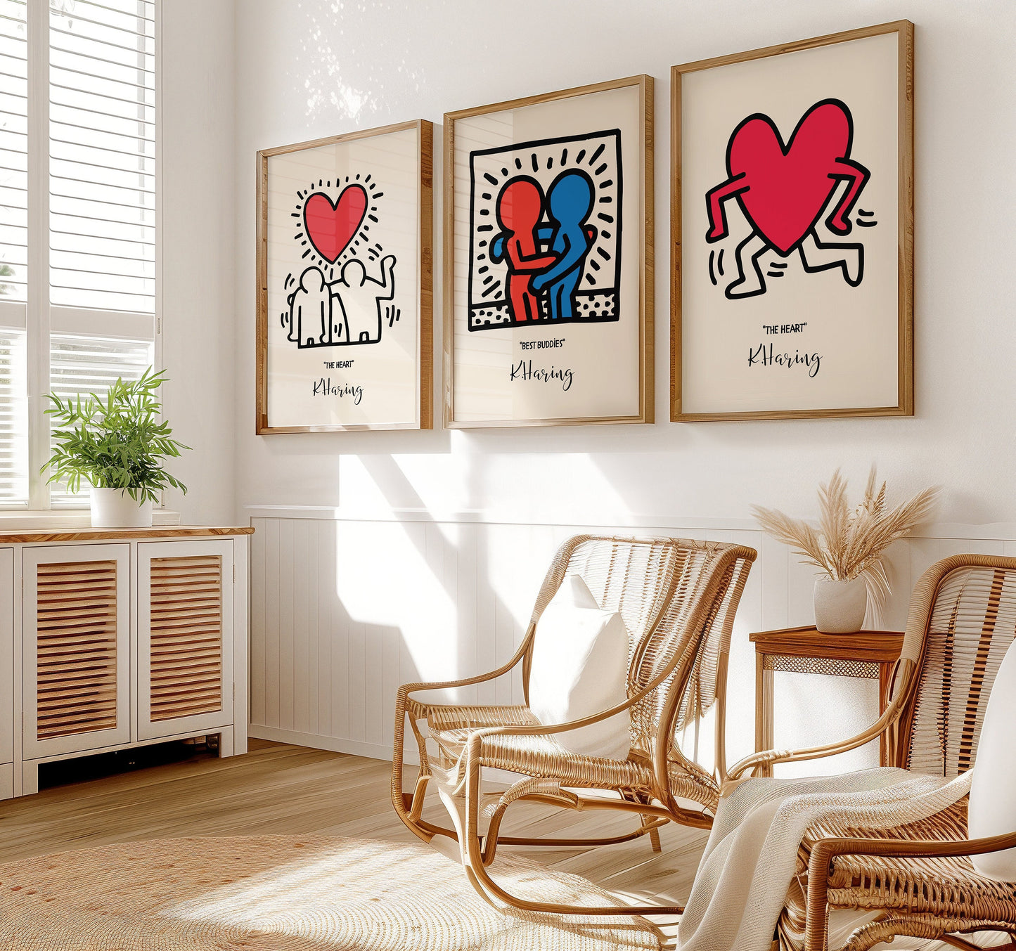 A set of three Keith Haring posters: &quot;Untitled Earth Day,&quot; &quot;Flower,&quot; and &quot;Crack Down&quot; displayed in a modern room with wooden floors, showcasing bright and bold colors.