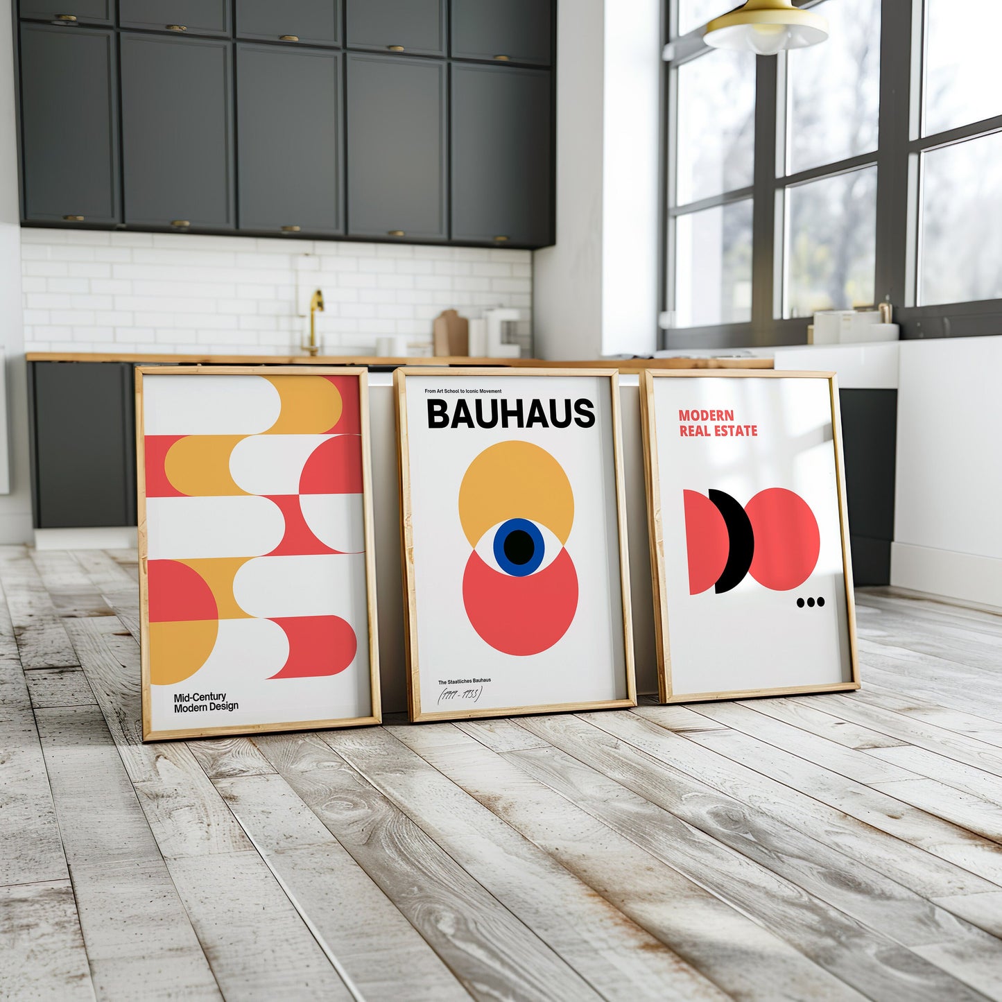 Set of 3 Bauhaus Posters, Geometric Art Prints, Mid-Century Modern Wall Decor, Minimalist Art for Home, Abstract Shapes Wall Art