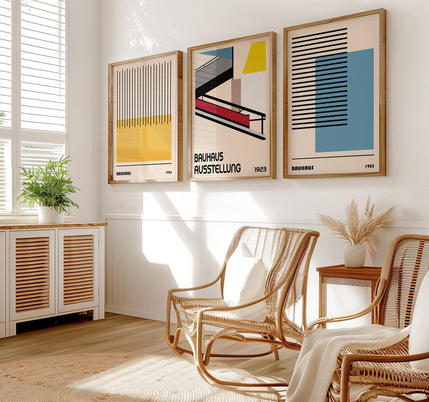 Bauhaus Poster Set of 3, Modern Architecture Art Prints, Minimalist Geometric Wall Art, Mid-Century Bauhaus Decor, Pastel Tones Poster