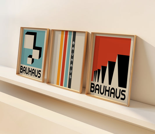 A set of three Bauhaus posters featuring modern geometric designs in vibrant colors with minimalist lines, displayed in wooden frames, perfect for adding a touch of mid-century modern art to any space.