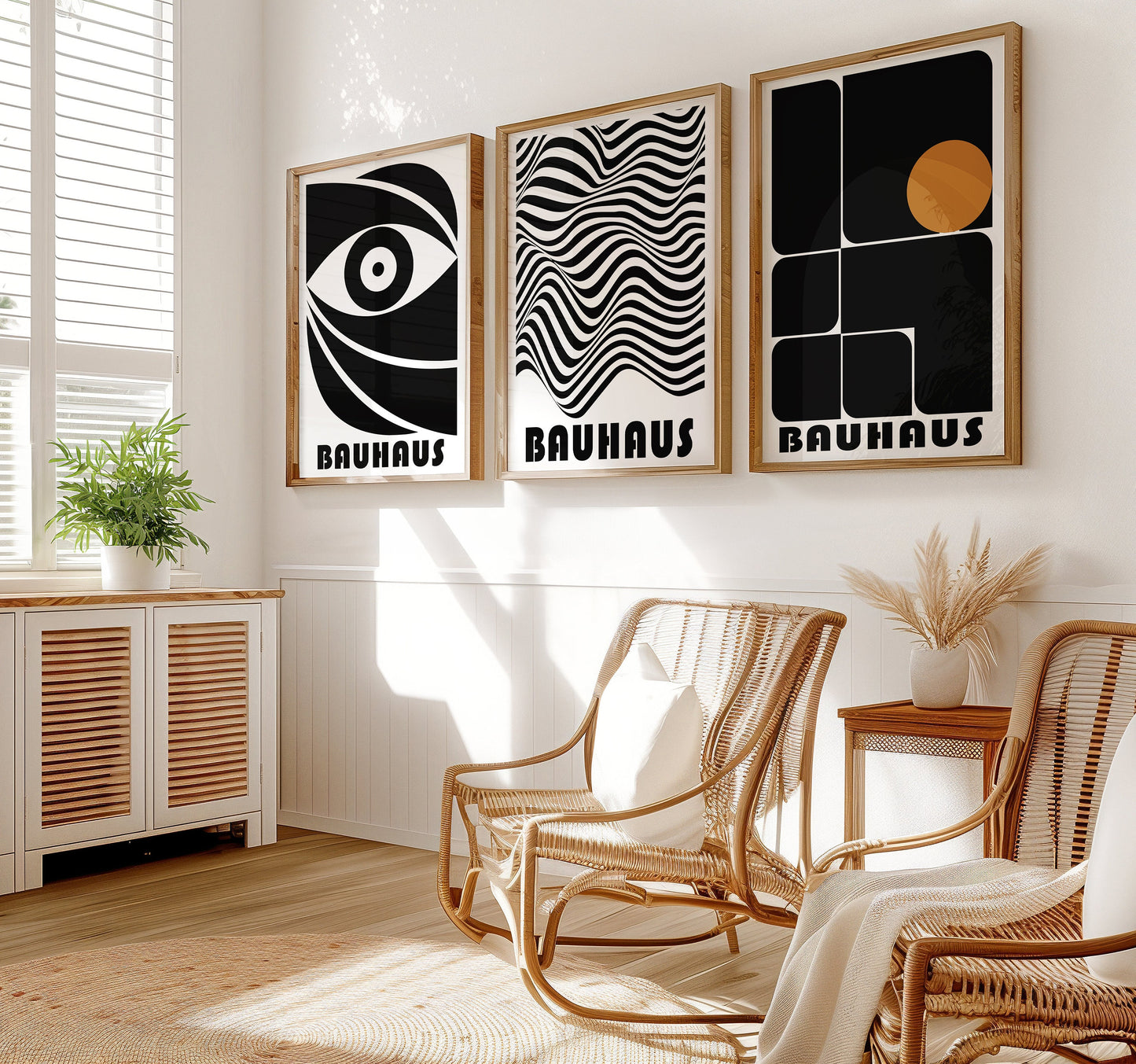 Bauhaus Poster Set of 3, Black and White Abstract Art Prints, Minimalist Geometric Wall Decor, Modern Bauhaus Eye Design Posters