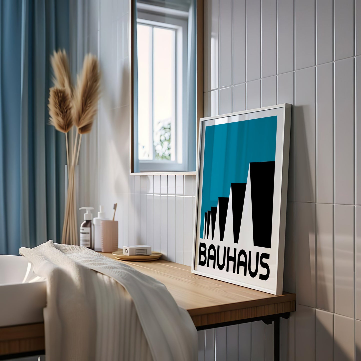 Bauhaus Blue & Black Modern Art Poster, Geometric Design Print, Mid-Century Modern Wall Decor, Bauhaus Style Framed Art, Home Office Accent