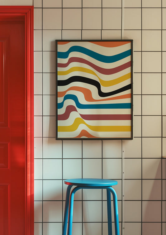 A Bauhaus-inspired art print featuring vibrant, curved lines in a retro color palette of blue, yellow, orange, pink, and black, displayed leaning against a bedroom wall with a cozy and warm ambiance.