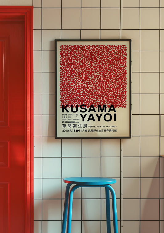 A Yayoi Kusama art print featuring her famous red dot Infinity Nets design, displayed in a warm and vibrant space. This poster is from her Tokyo 2010 exhibition, showcasing her iconic abstract style.