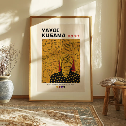 A minimalist Yayoi Kusama portrait poster in yellow and black, featuring her signature polka dot pattern. The faceless figure is set against a backdrop of dots, inspired by Kusama’s Paris exhibition.