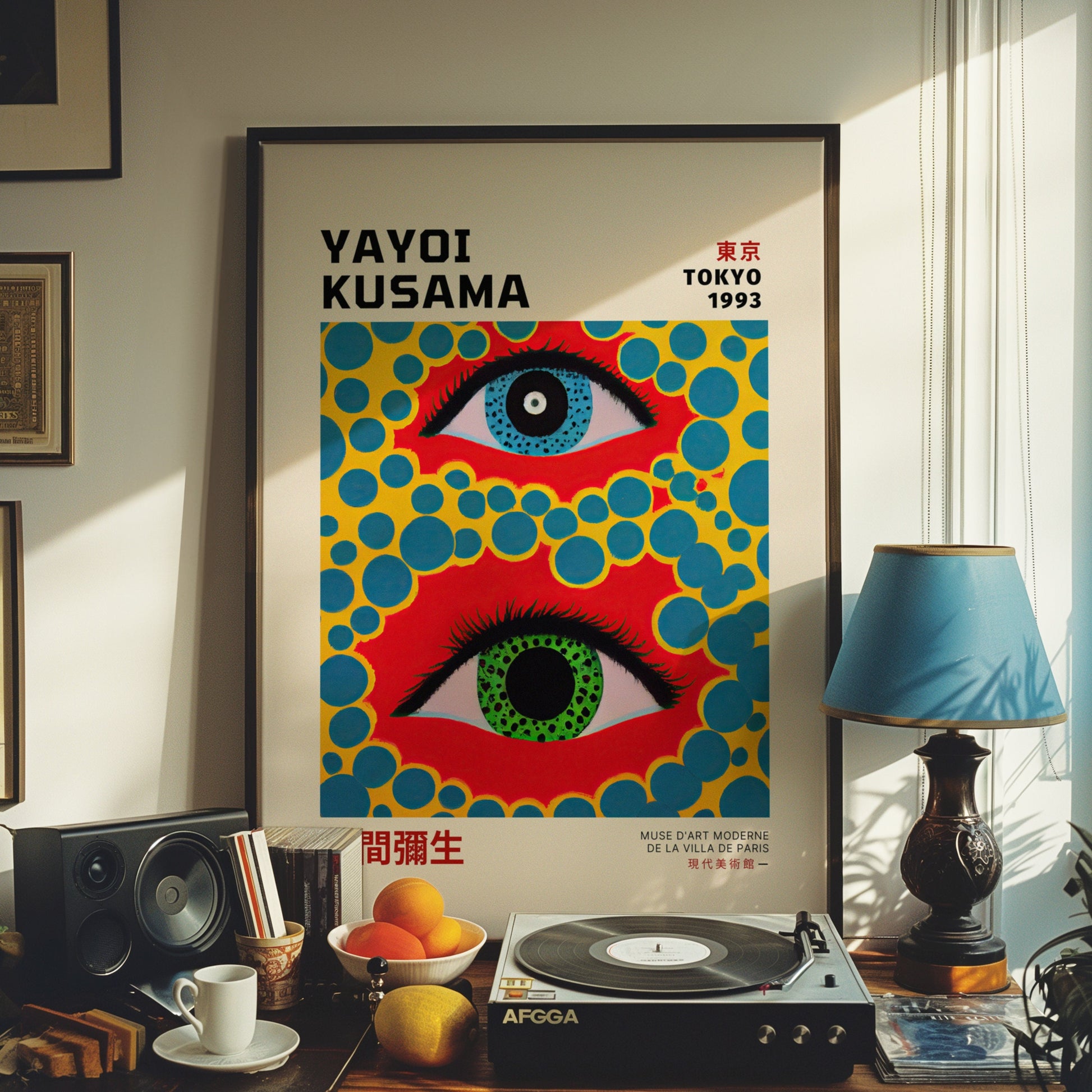 A bold Yayoi Kusama Tokyo 1993 poster featuring two abstract eyes surrounded by colorful dots in a vibrant red, blue, and yellow design, showcasing Kusama&#39;s iconic psychedelic pop art style.