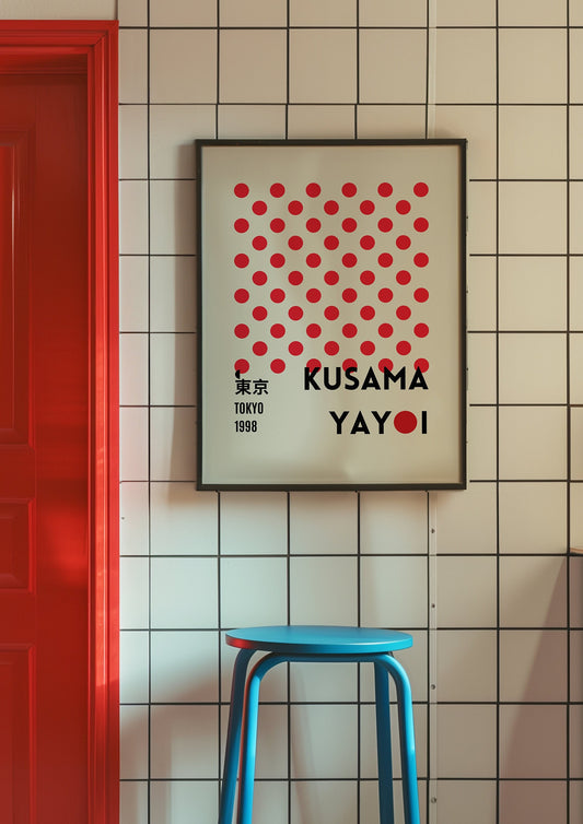 A modern Yayoi Kusama-inspired poster featuring red polka dots, minimalist design, and bold typography displayed on a tiled wall.