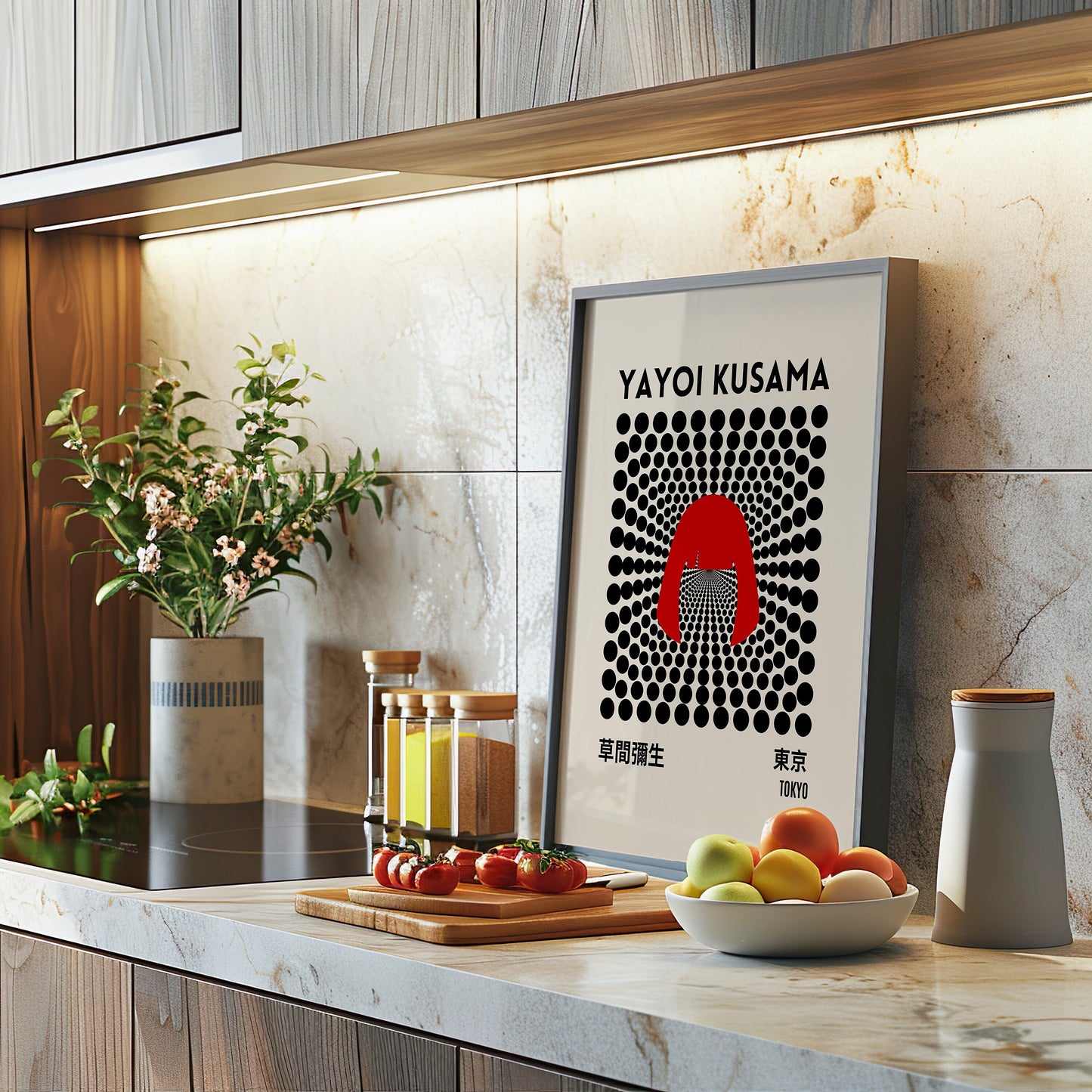 A Yayoi Kusama-inspired poster with black polka dots forming an abstract design, featuring a red shape in the center, displayed in a modern kitchen setting.