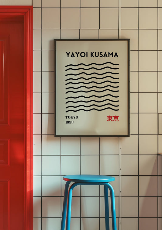 A black and white minimalist Yayoi Kusama poster featuring wavy lines, inspired by her 1998 Tokyo exhibition, displayed in a modern industrial-style room.