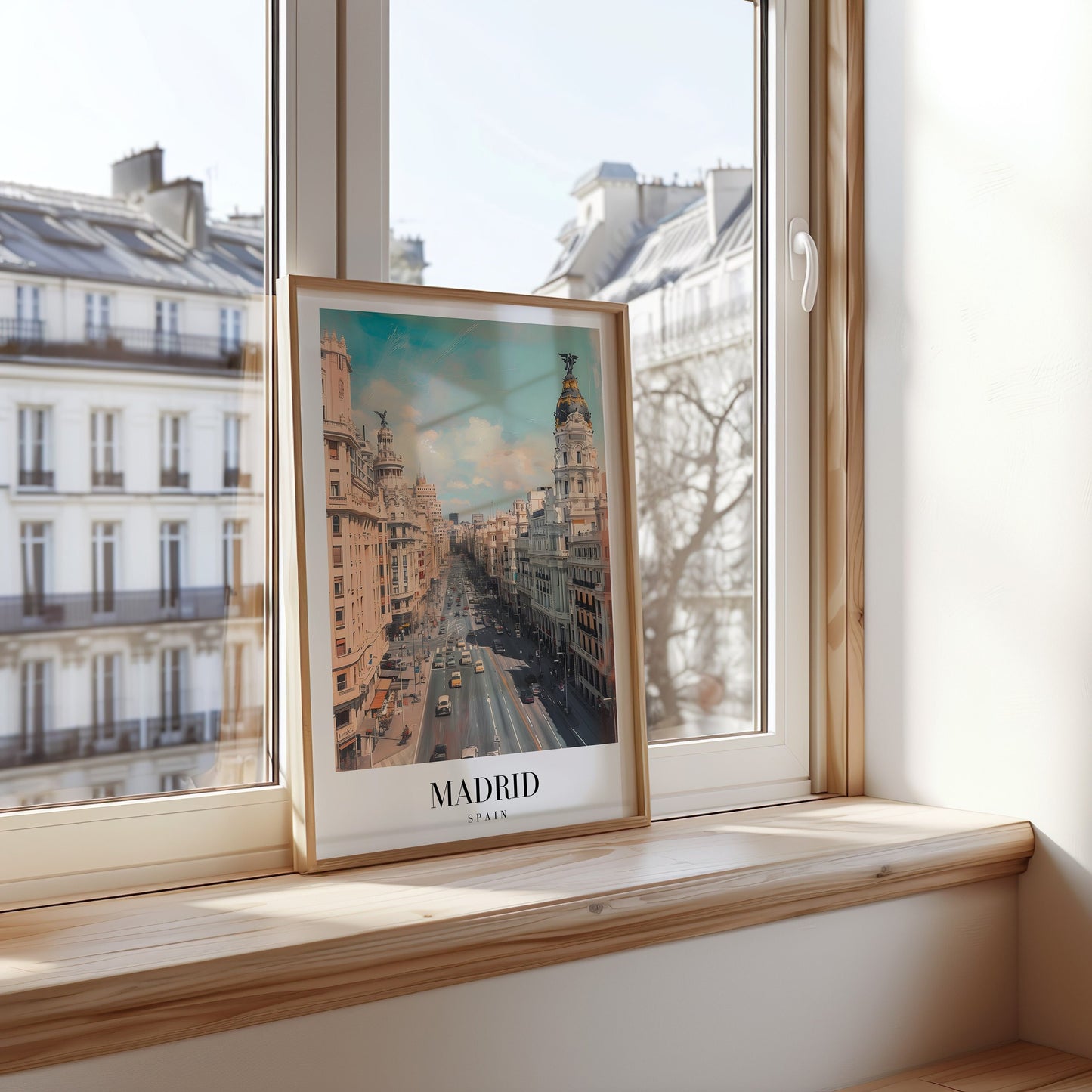 A framed poster showcasing Madrids iconic Gran Via, with its historic buildings and bustling avenue under a clear blue sky.