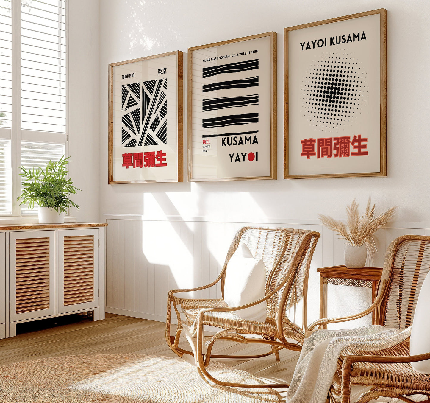 A set of three Yayoi Kusama art prints featuring minimalist black and white line patterns and geometric designs, perfect for modern and contemporary home decor.