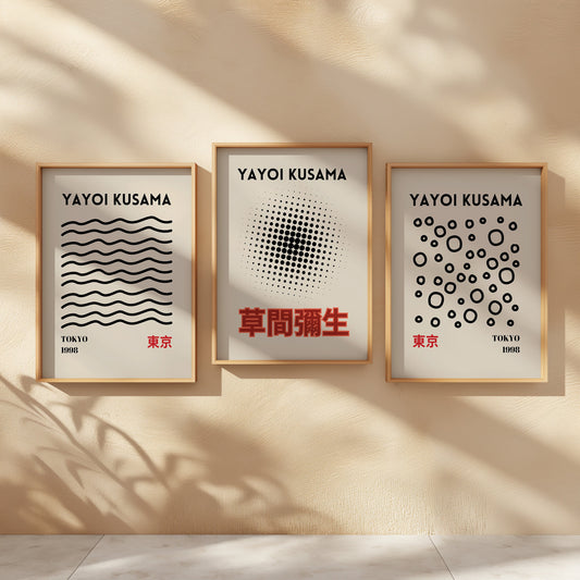 Set of three Yayoi Kusama prints featuring minimalist abstract designs in black and white, inspired by Tokyo 1998, perfect for contemporary home decor.