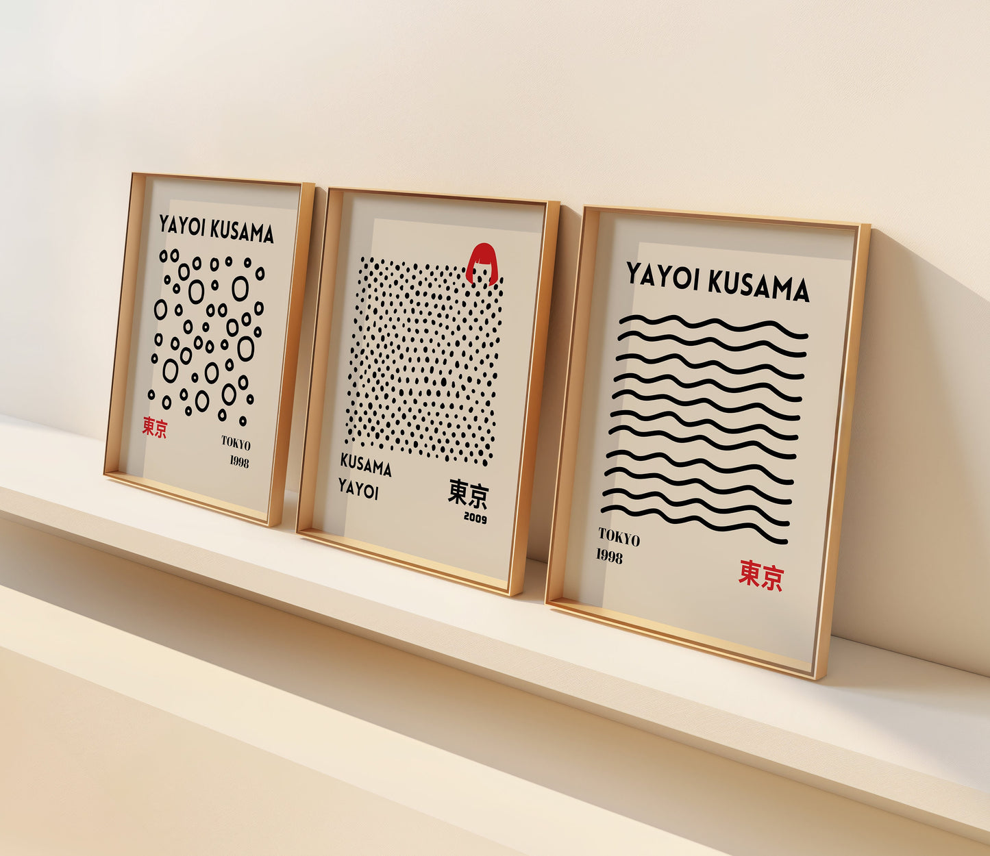 Yayoi Kusama Art Set, Set of Three Abstract Posters, Tokyo 1998 & 2009 Inspired Prints, Minimalist Black and White Wall Art, Japanese Decor