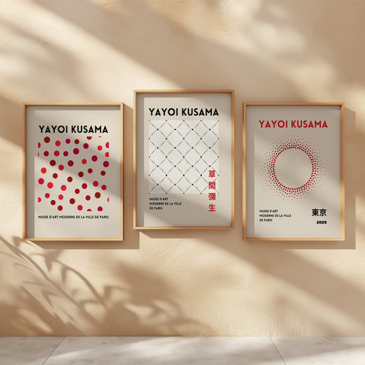 Set of three Yayoi Kusama posters featuring minimalist polka dot designs, geometric patterns, and abstract circular art from Tokyo 2009 exhibition, in a modern Japanese style.