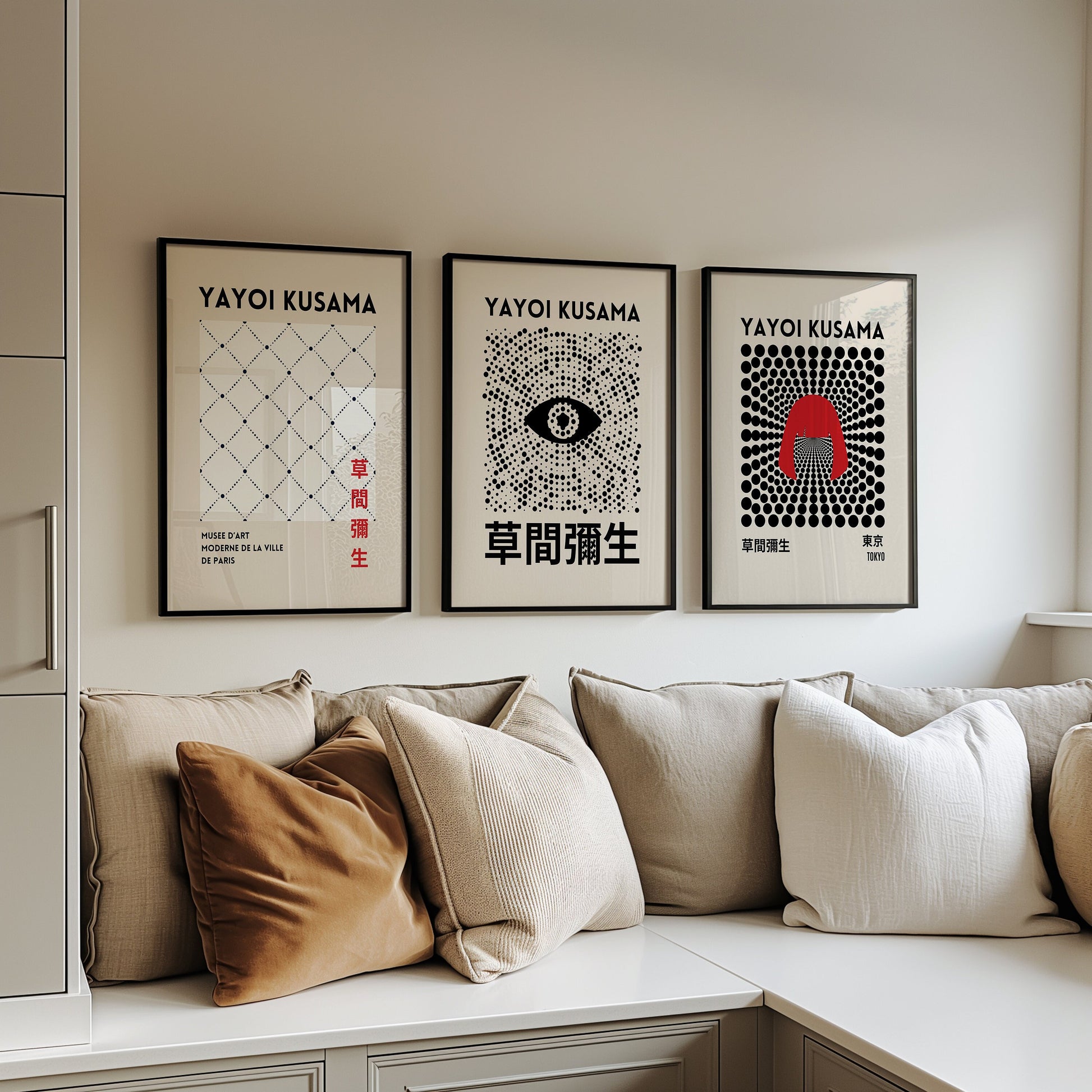 A set of three Yayoi Kusama posters featuring an abstract eye, geometric patterns, and iconic dot designs from her Tokyo exhibition, perfect for minimalist and modern decor.