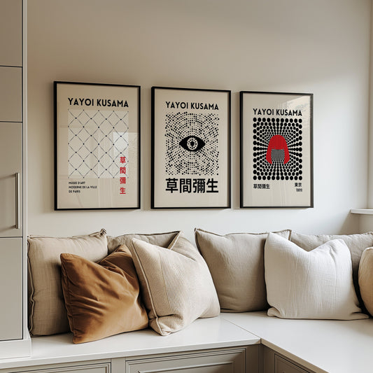 A set of three Yayoi Kusama posters featuring an abstract eye, geometric patterns, and iconic dot designs from her Tokyo exhibition, perfect for minimalist and modern decor.