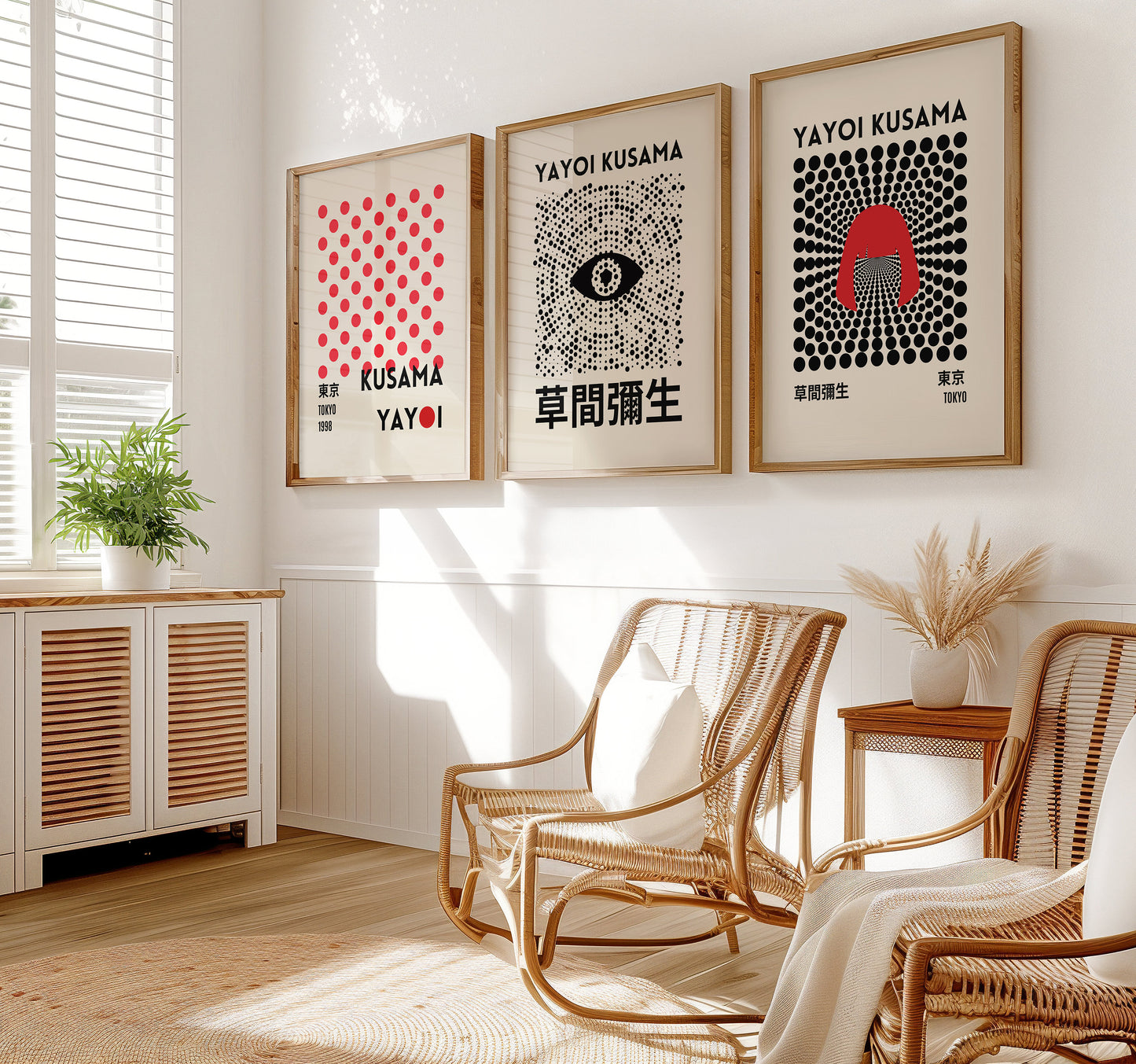 Yayoi Kusama Poster Set, Japanese Modern Art Prints, Kusama Dot and Eye Design, Tokyo 1998 Exhibition, Minimalist Wall Art Trio