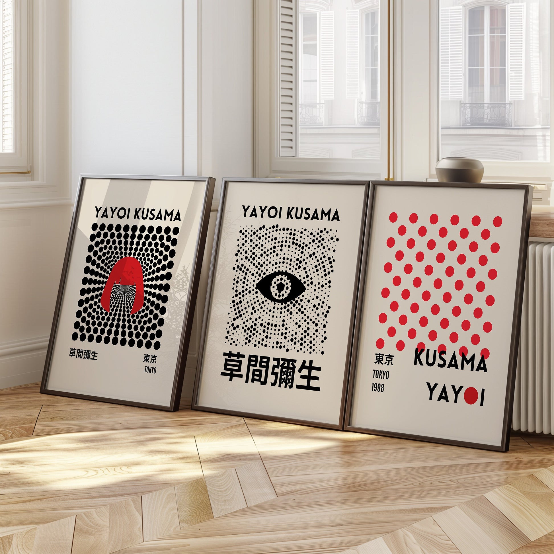 A trio of Yayoi Kusama posters featuring iconic dot patterns, abstract eye design, and minimalist artwork inspired by the 1998 Tokyo exhibition, perfect for modern interiors.