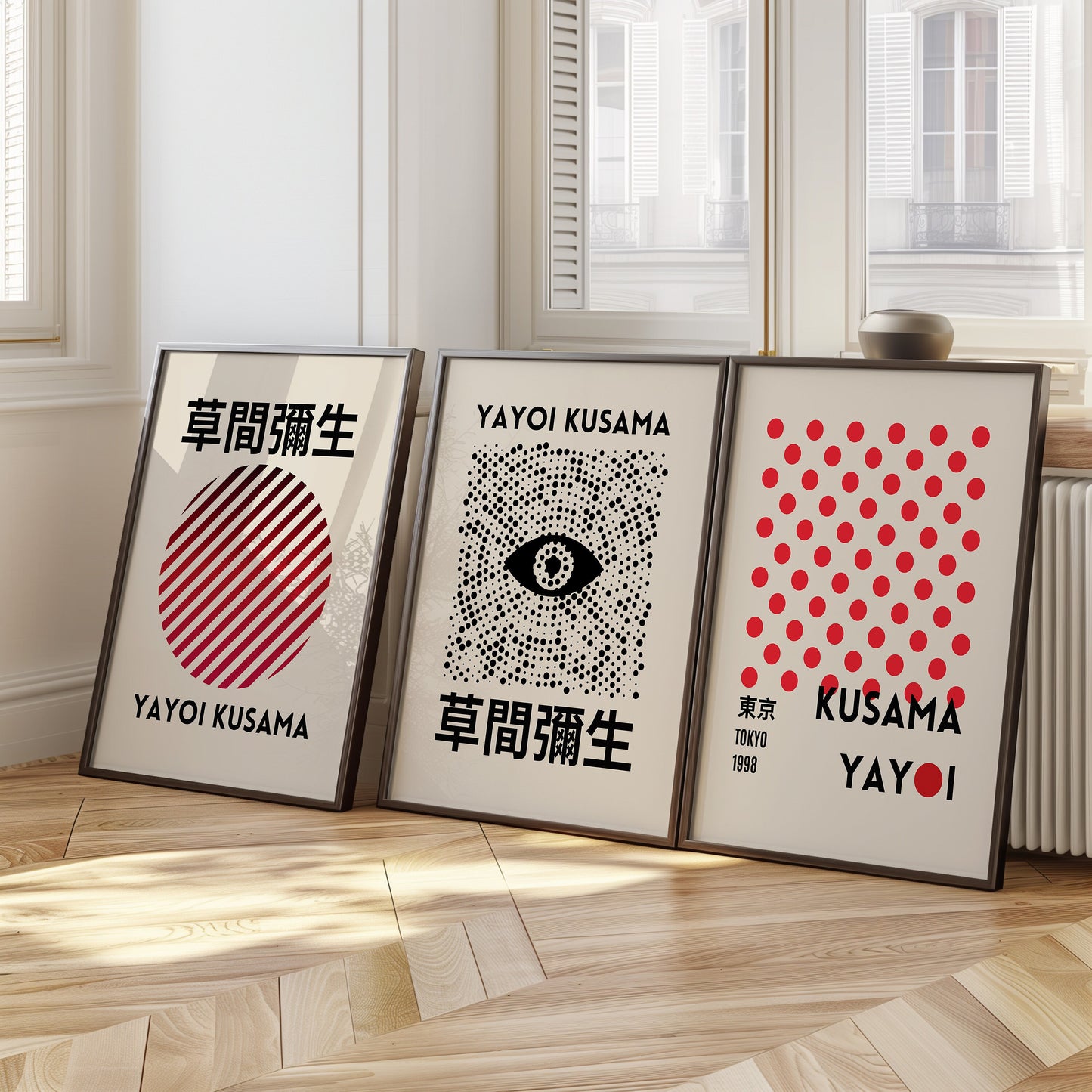 Yayoi Kusama Art Print Set, Modern Japanese Wall Art, Kusama Eye and Dot Series, Tokyo 1998, Minimalist Red and Black Poster Trio