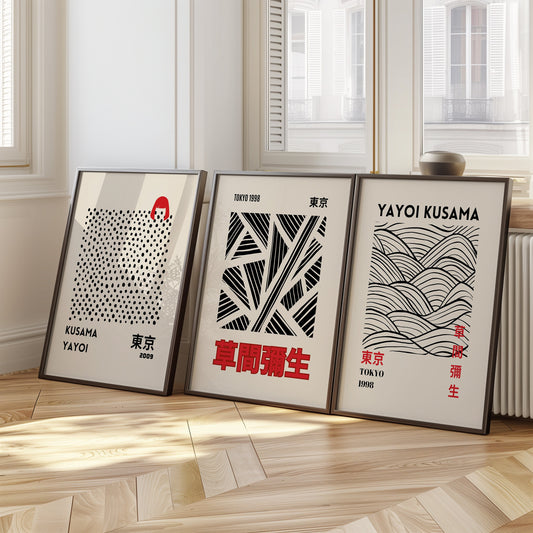 Yayoi Kusama Poster Set, Japanese Abstract Art, Kusama Collection, Set of 3 Prints, Tokyo 1998 and 2009, Modern Black and Red Minimalist Art