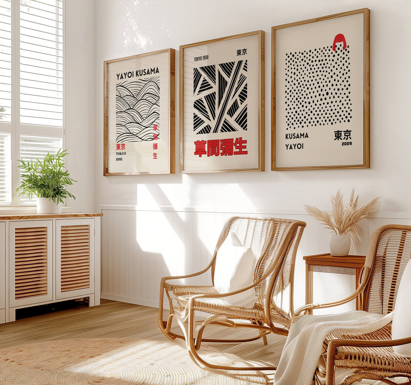 Yayoi Kusama Poster Set, Japanese Abstract Art, Kusama Collection, Set of 3 Prints, Tokyo 1998 and 2009, Modern Black and Red Minimalist Art