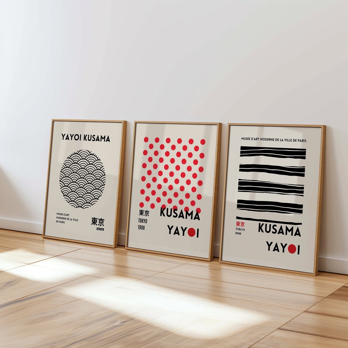 Yayoi Kusama Poster Set, Japanese Minimalist Wall Art, Red Dots and Black Line Prints, Tokyo 1998-2009, Set of Three Kusama Art Prints