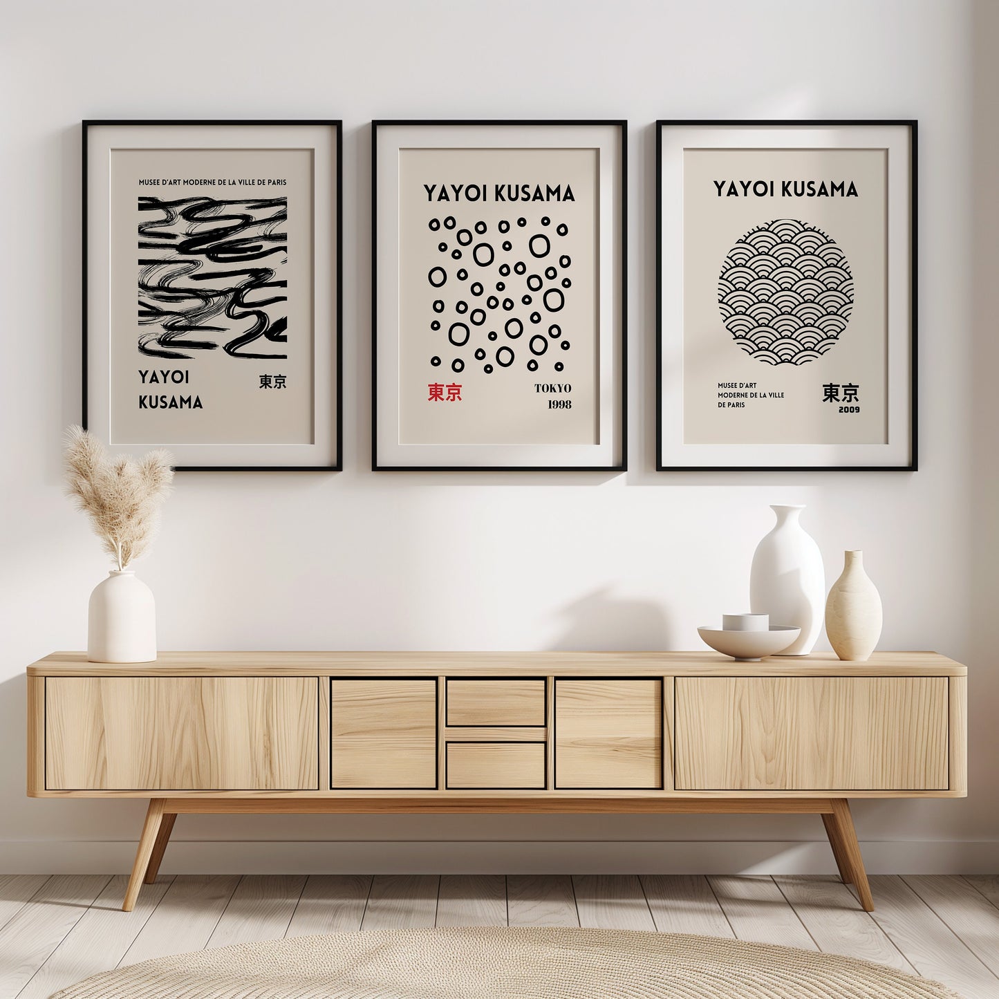 Yayoi Kusama Poster Set, Japanese Abstract Art, Black and White Minimalist Prints, Tokyo 1998-2009, Set of Three Art Prints